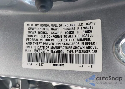 2017 Honda Civic Ex from USA, damaged, VIN 19XFC2F71HE220610